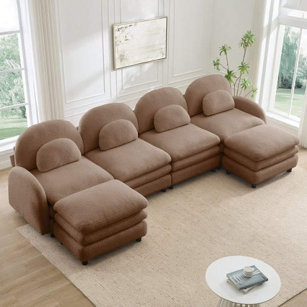 English Elm Teddy Fleece Curved Modular Sectional Sofa with Movable Ottomans for Cozy Living Rooms Camel W5656S00109