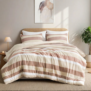JLA Home Regency Heights - Stripe Textured Seersucker Comforter Set with Reversible Stripe & Botanical Prints, Oeko-Tex Certified Terracotta RH10-0012