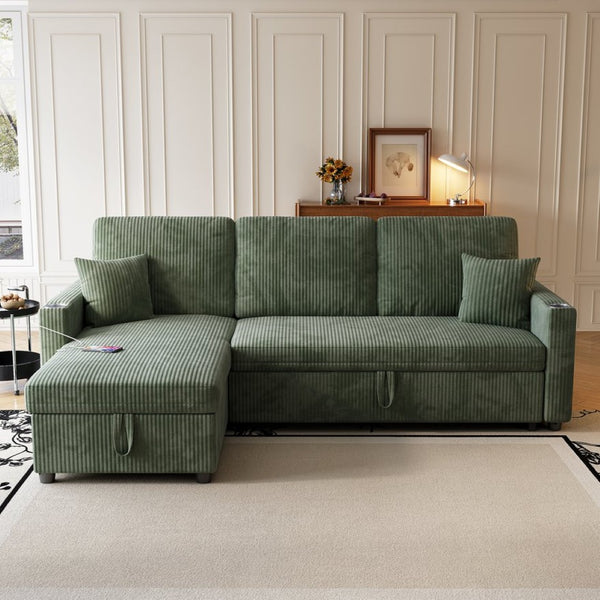 English Elm Sectional Sleeper Sofa Corduroy Cloud Couch with Storage Chaise and Usb Charging Ports Green W1825S00077