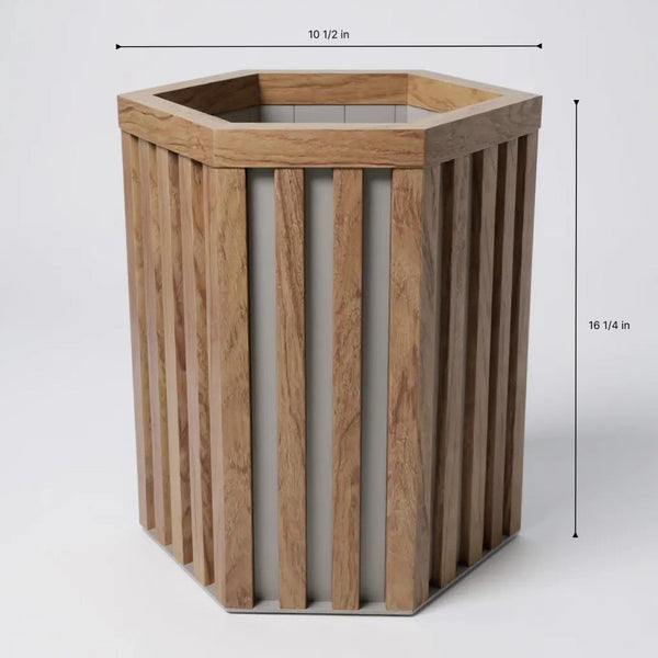 English Elm Hexagon Column Aluminum Planter Geometric Outdoor Pot with Wood Tone Powder Coat Finish Chestnut B2755P462184