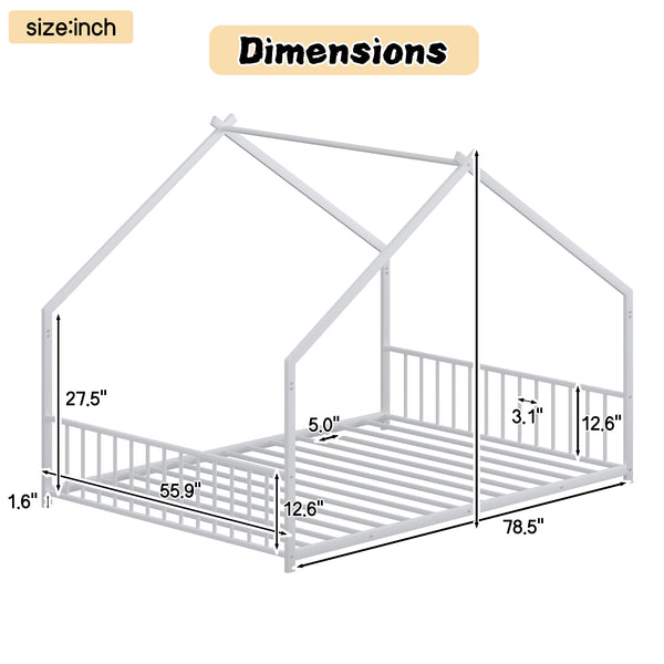 English Elm Full Full-size children's bed frame with LED roof design, white iron house-style frame, sturdy 350lb capacity W1820P356060