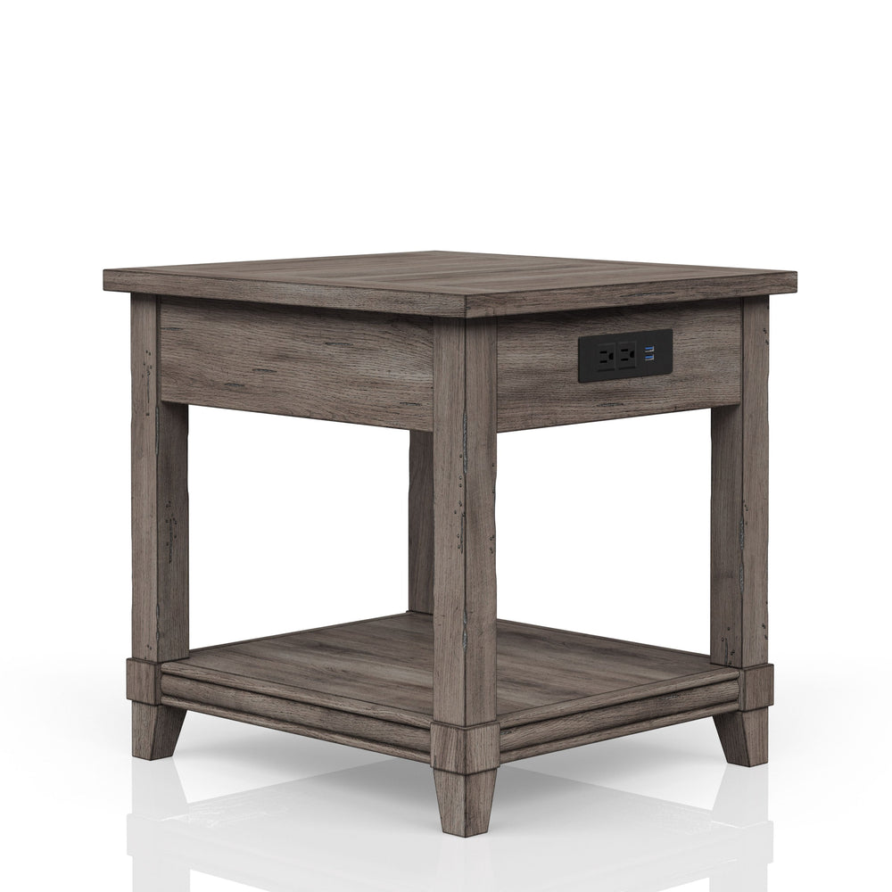 English Elm End End Table W/ Storage Drawer & USN Gray Rustic Finish USB Charging Ports Solid Wood Shelf Storage B2699P208929