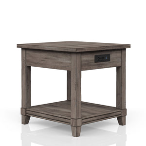 English Elm End End Table W/ Storage Drawer & USN Gray Rustic Finish USB Charging Ports Solid Wood Shelf Storage B2699P208929