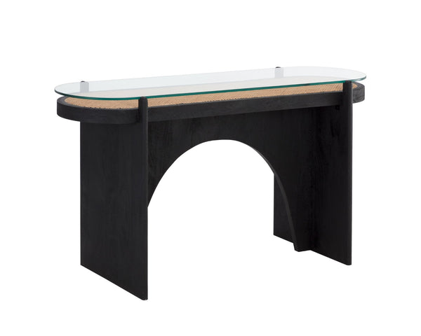 Sunpan ADORA Console Table: Handcrafted Rattan & Black Mango Wood, Perfect for Eclectic Living Spaces! 110642