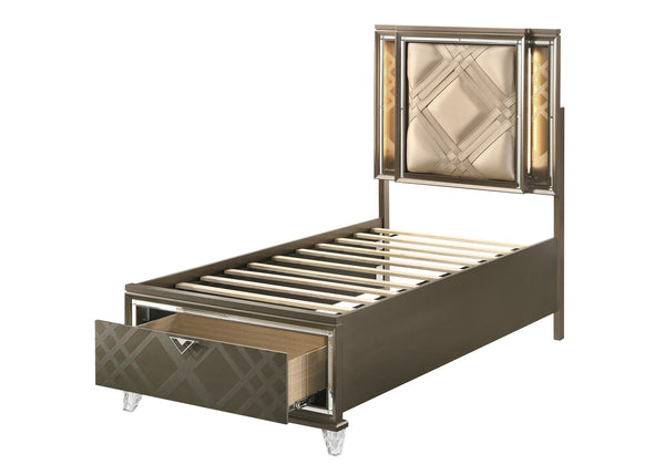 English Elm Skylar Champagne Full Bed with LED Touch Light, Diamond Tufted PU, Mirrored Trim & Storage Drawers B2726S00315