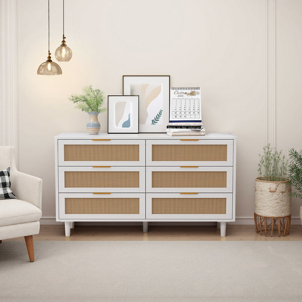 English Elm 51.18"6-Drawers Rattan Storage Cabinet with Woven Fronts, White Dresser for Bedroom & Living Room, Space-Saving Stylish Organizer W757P235127