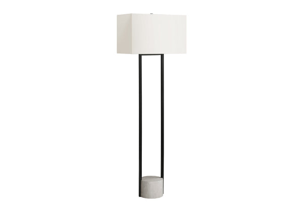 English Elm Lighting, 65"H arc floor lamp with ivory drum shade, sleek metal frame, 100W max, foot switch, modern ambiance Black 22 L x 14 W x 18 H B2710P221309