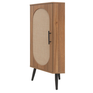 English Elm Corner freestanding rattan cabinet with metal base, slim corner shelf stand for living room space-saving storage and soft-touch black handle Walnut W688P160406