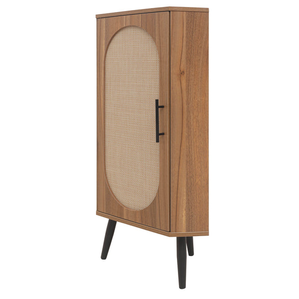 English Elm Corner freestanding rattan cabinet with metal base, slim corner shelf stand for living room space-saving storage and soft-touch black handle Walnut W688P160406
