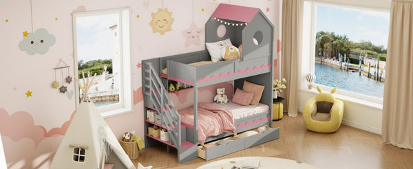 English Elm Twin Over Kids Bunk Bed with Castle Roofline Led Lights and Staircase Storage Gray N820S00068E