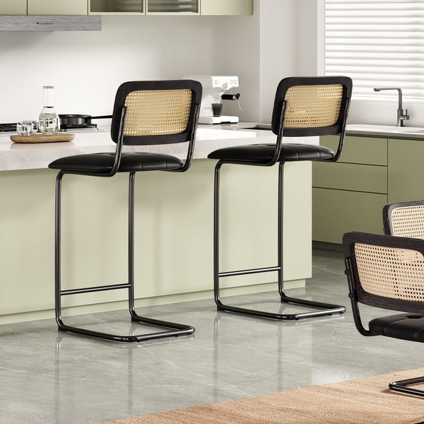 English Elm Counter Upholstered PU Leather Bar Stools Set of 2 with Rattan Back, 30" Cantilever Counter Stools Black, Anti-Slip Protectors T3623P353498