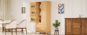 English Elm 70" Tall Pantry Cabinet Rubberwood Legs Three Drawers Six Door Shelves Kitchen Storage Natural N762P326960N