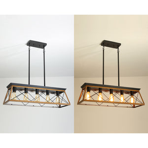 English Elm 32" Walnut Industrial 5-Light Pendant Chandelier - Modern Metal Cage, Adjustable For Versatile Spaces W2312P368670
