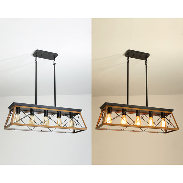 English Elm 32" Walnut Industrial 5-Light Pendant Chandelier - Modern Metal Cage, Adjustable For Versatile Spaces W2312P368670