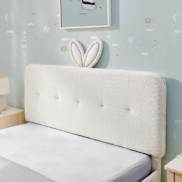 English Elm Full Size Kids Storage Bed Boucle Upholstered Rabbit Ear Headboard with Led Lighting Beige W1413P384924