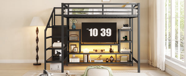 English Elm Full Size Metal Loft Bed With Integrated Tv Stand, Staircase & Wardrobe - Perfect For Kids & Teens! W2593S00012