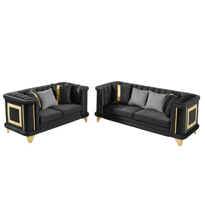 English Elm 2pcs Italian Velvet Tufted Sofa Set with Gold Steel Trim for Formal Living Room W1191S00055