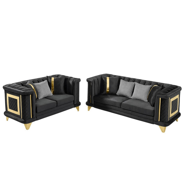 English Elm 2pcs Italian Velvet Tufted Sofa Set with Gold Steel Trim for Formal Living Room W1191S00055