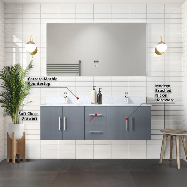 English Elm Dark Grey Double Bath Vanity Set With Carrara Marble Top, Chrome Faucet & 60" Led Mirror - Luxurious Style B2731S00987