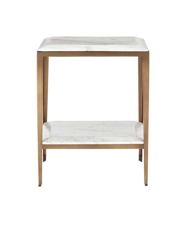 Currey & Company Oblique Marble Side Table - Elegant Antique Brass Frame With Floating White Lilac Marble Charm White White Lilac Marble ,Iron ,Engineered Wood 4000-0236-currey-company
