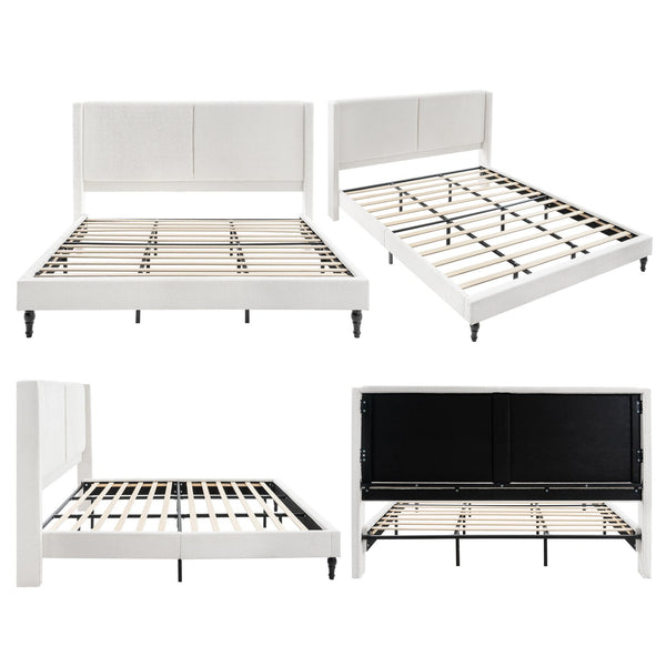 English Elm King Upholstered Bed Frame with Tall Bouclé Headboard, Solid Wood Feet, 12-Slat Support, 1000lb Capacity White 81.3 L x 31.5 W x 8.27 H W1716P335678