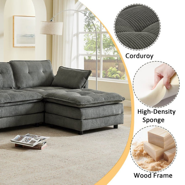 English Elm 154" Corduroy U-shaped Sectional with Ottomans Six Seat Modular Cloud Sofa Usb Console Grey W1998S00103