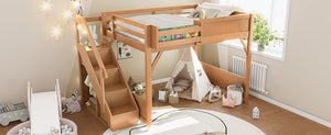 English Elm Twin Low Loft Bed Solid Pine Frame Kids Study Desk Blackboard Storage White Antique Natural W1580S00554