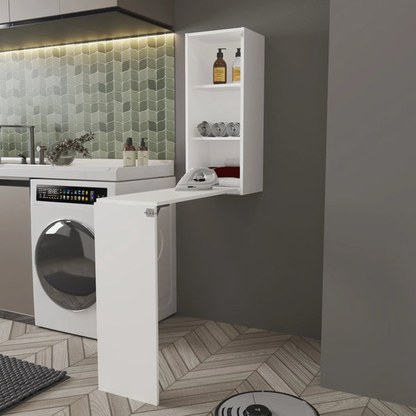 English Elm White Folding Table with Storage Shelves, Modern Rectangular White Accent Table with 3 Open Tiers for Organizing Rooms, Hallways, Entryways (66.4" H) B062P290293