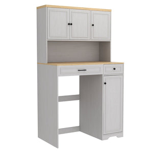 English Elm Over Washer Dryer Laundry Cabinet with Basket Drawer Adjustable Shelves Antique White W1120P338184