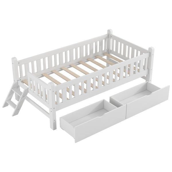 English Elm Wood Twin Platform Bed with Guardrail, Solid Pine Construction, 2 Underbed Drawers for Storage and Playroom Space White N709P242145K