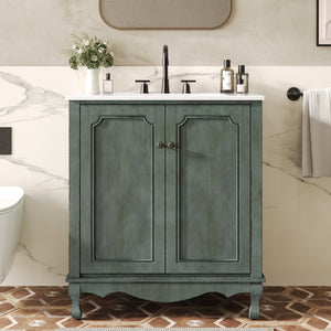 English Elm Christopher Knight Home® - 30" Vintage Bathroom Vanity with Rectangle Ceramic Sink, Rubber Wood Legs, Soft-Close Doors, Adjustable Shelves Antique blue green,Teal N817P245316B