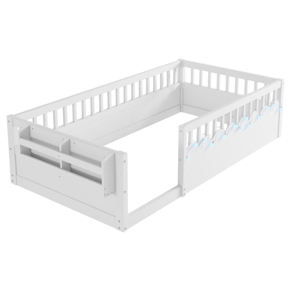 English Elm Twin Montessori Floor Bed Frame with High Rails and Built-In Light Shelf for Safe Independent Sleep White 79.13 L x 13 W x 6.3 H W2593P333565