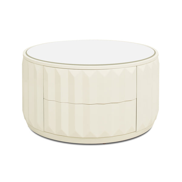 English Elm Jennifer Taylor Home - Facino Round 35.5" Storage Coffee Table with Mirrored Top, White Lacquer Birchwood, 2 Drawers B2719P238494