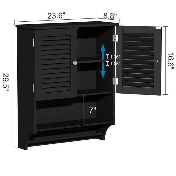 English Elm Wall-Mounted Bathroom Cabinet with Louvered Doors, Adjustable Shelves, Open Shelf & Towel Rod for Organized, Ventilated Storage Black T3771P368996