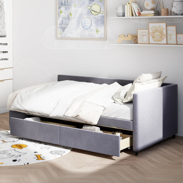 English Elm Twin Velvet L-Shaped Upholstered Platform Bed with Plush Headboard, Hidden Drawers & Cabinet Storage Gray SF000182AAE