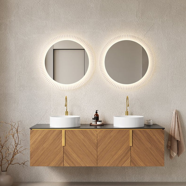 English Elm ARAI 60" Bathroom Vanity with Dual Ceramic Vessel Sinks, Sintered Stone Top, Plywood Storage Cabinet with Soft-Close Doors and Brushed Gold Handles Black,Brown Oak,White W2615S00159