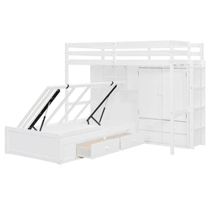 English Elm Twin Bunk Bed with Wardrobe Drawers Hydraulic Lift Shelves Kids Storage White LT000666AAK-1