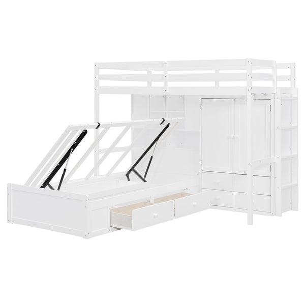 English Elm Twin Bunk Bed with Wardrobe Drawers Hydraulic Lift Shelves Kids Storage White LT000666AAK-1