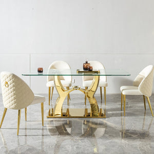 English Elm Luxury Gold Pvd Steel Rectangular Dining Table with Black Tempered Glass Seats Six W2723S00084