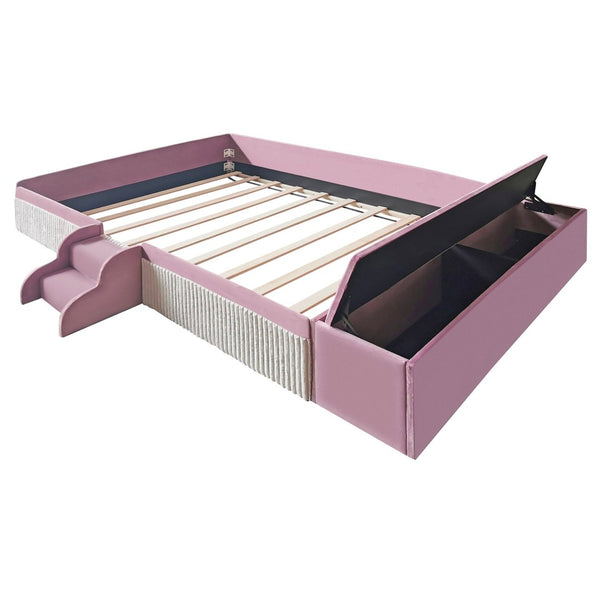 English Elm Full Size Kids Velvet Platform Daybed with Storage Ottoman Staircase Padded Rails Pink+White SF000202AAH