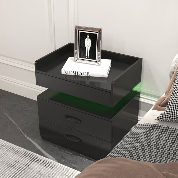English Elm 1 Set Led Strip Nightstand with 2 Drawers Open Shelf Contemporary Bedside Storage Black W578P462506