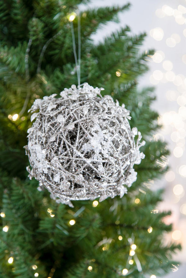 English Elm D4.5" Iced Leaf/Twig Ball Silver Hanging Ornaments Set of 4 — Natural Frosted Texture for Tree Decor Gifts W2078P262451
