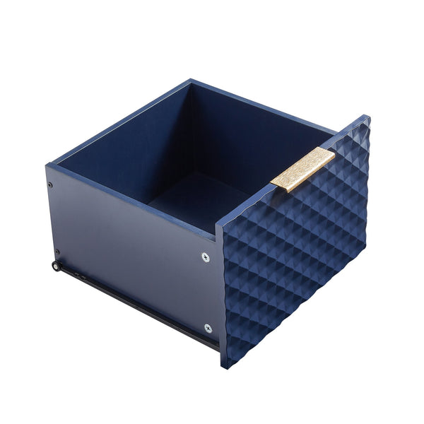 English Elm Deluxe Modern Carved Chest of Drawers with Tempered Glass Doors, 3 Drawers + 2 Compartments, Sleek Metal Legs Dark Blue W1162P295365