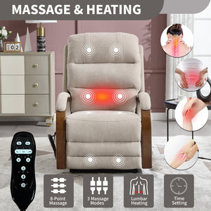 English Elm Power Lift Recliner Chair Chenille Upholstery Dual Motor Heat Massage Solid Wood Arms Beige W1803S00077