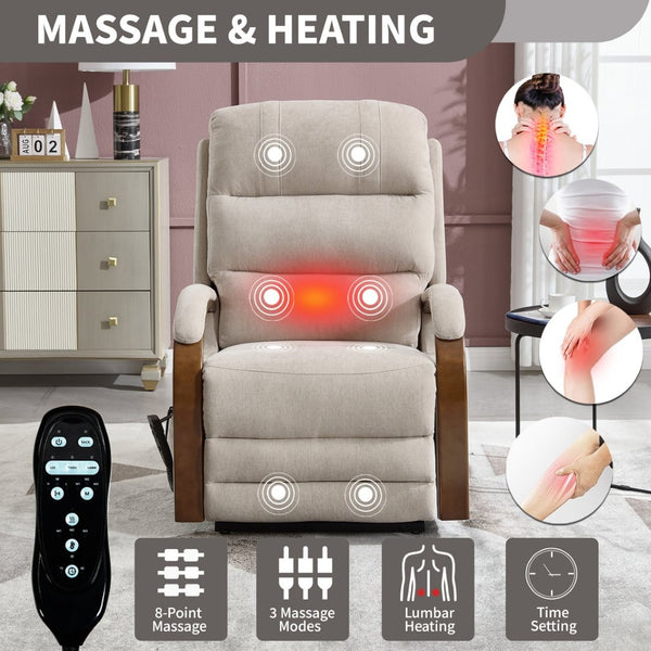 English Elm Power Lift Recliner Chair Chenille Upholstery Dual Motor Heat Massage Solid Wood Arms Beige W1803S00077