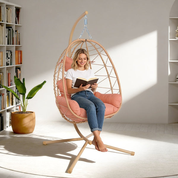 English Elm Hanging Egg Chair with Stand Pe Wicker Ergonomic Swing Seat for Patio or Bedroom T5880P497566