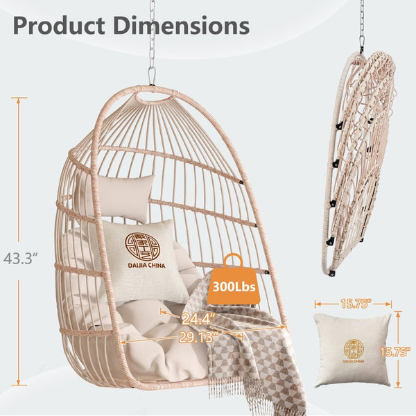 English Elm Outdoor Rattan Egg Swing Chair – Stylish Off-White Hanging Chair With Cushions & Durable Frame W2500P364236-GIGA