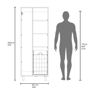 English Elm Iris 71" Tall Two-Door Broom Closet With Built-In Hamper, Adjustable Shelves, Slim White Storage B070S00402