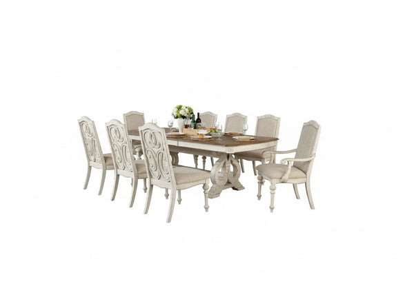 English Elm Antique White 7 Piece Formal Dining Set Carved Wood Trestle Table Ivory Upholstered Chairs Antique White B2741S00891