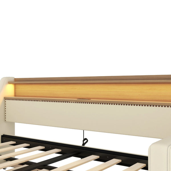 English Elm Twin Size Daybed With Trundle, Stylish Upholstered Design, Charging Station & Led Lights In Beige W1580S00043-GIGA